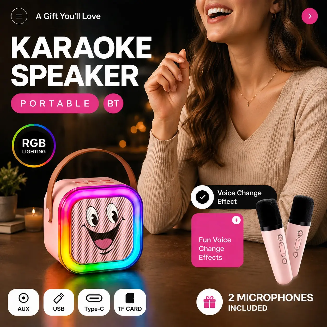Portable Wireless Speaker with Stereo Sound, Bluetooth-compatible Karaoke Machine with 2 Microphones, Ideal Gift for Adult Birthday Parties