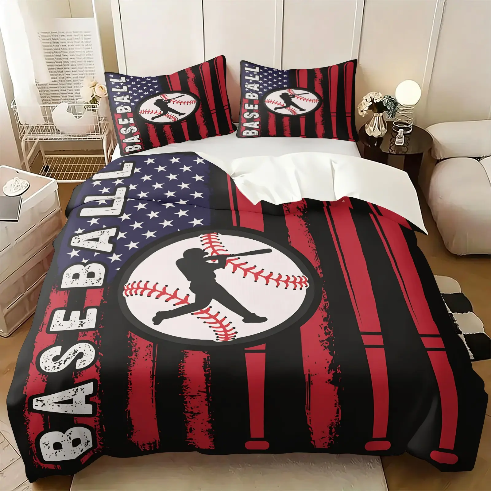 Vintage American Flag Baseball Duvet Cover Set, 1 Duvet Cover + 1-2 Pillowcases, Sports Batter Silhouette Pattern Bedding Set, Soft Microfiber All Season, Teen Boys Bedroom Dorm Decoration, Gift for Baseball Fans Sports Lovers, Comfy Bed Sets