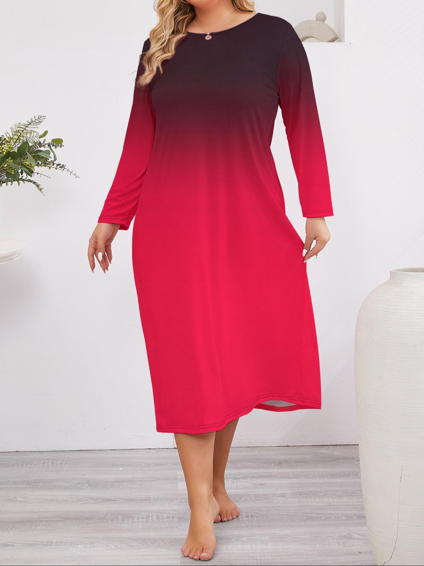 Plus Size All Over Print Round Neck Nightdress, Casual Long Sleeve Nightgown, Women's Sleepwear for Spring & Fall