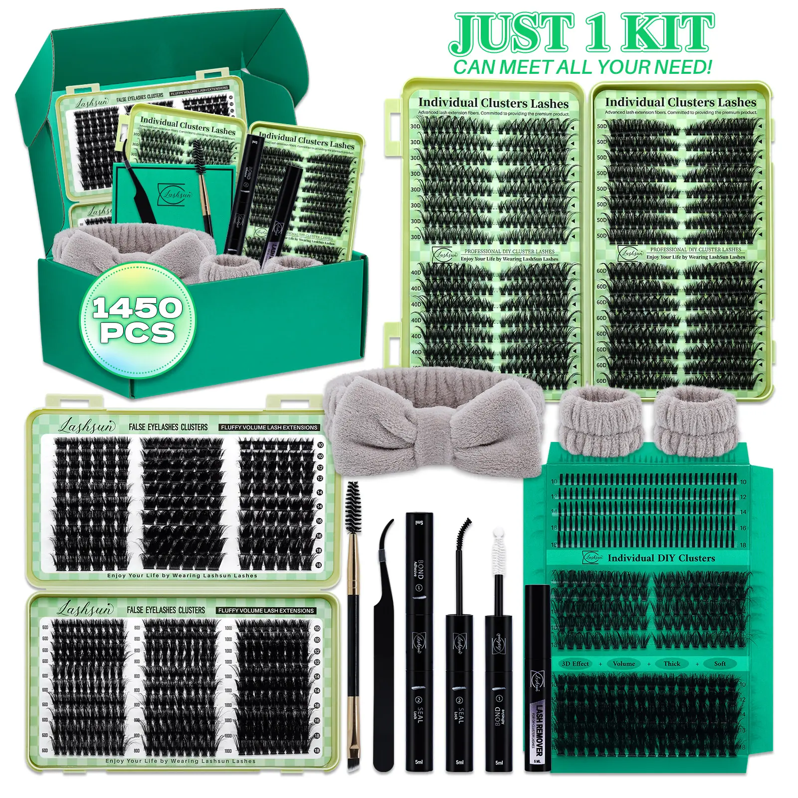 1450/640/460/350 PCS D Curl Lash Clusters Kit, 11 Styles Cat Volume Spikes and 3D Effect Lashes Eyelash Extensions DIY False Eyelashes with Bond and Seal Remover Applicator Headband and Wristband, Suitbale for Easy DIY Makeup at Home