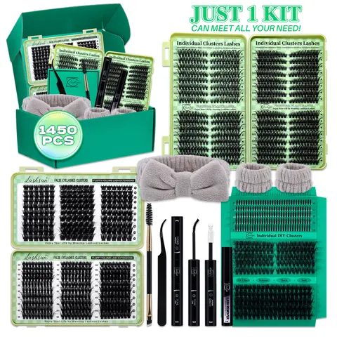 1450/640/460/350 PCS D Curl Lash Clusters Kit, DIY Eyelash Set, 11 Styles Cat Volume Spikes and 3D Effect Lashes Eyelash Extensions with Bond and Seal Remover Applicator Headband and Wristband, Suitbale for Easy DIY Makeup at Home