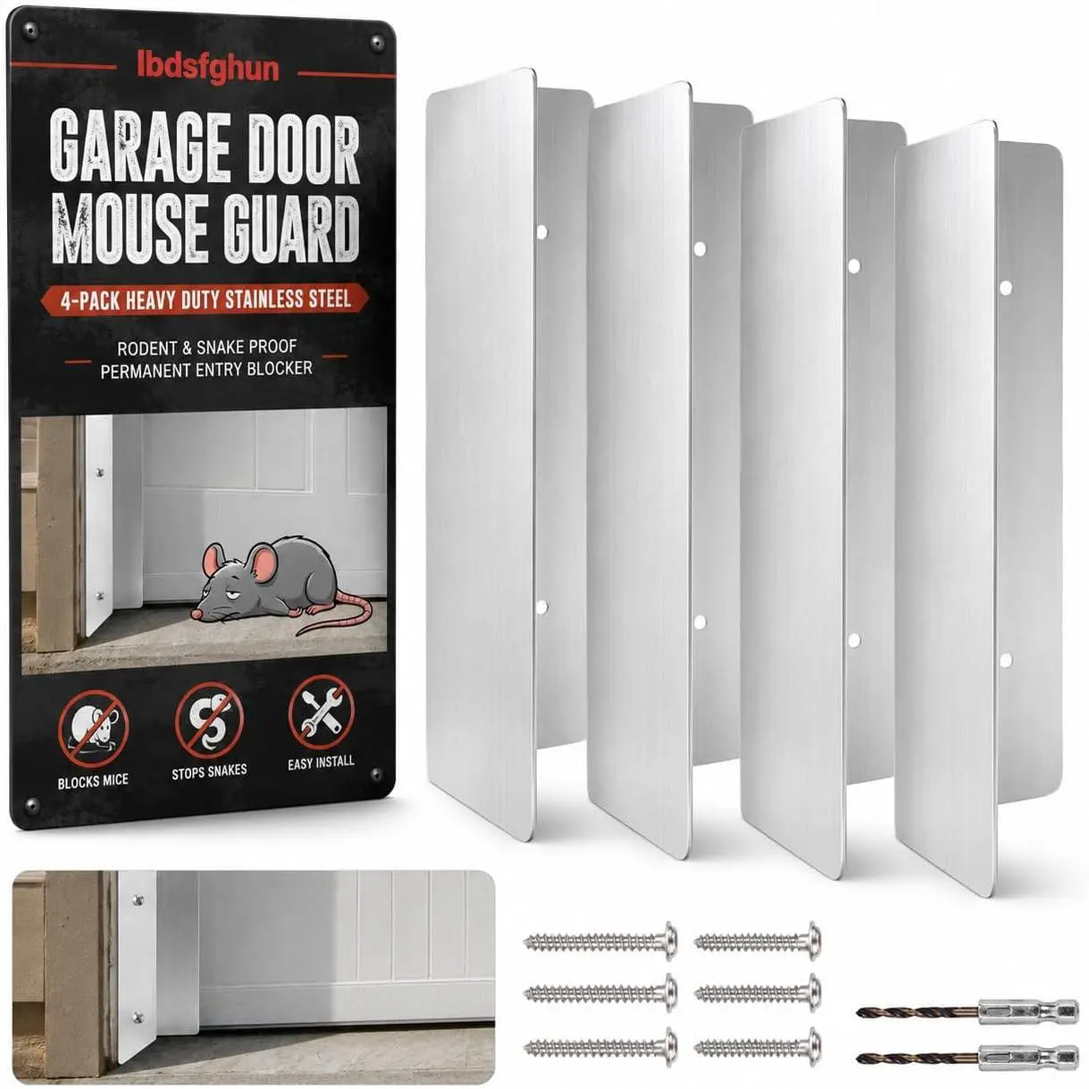 4 Pack Heavy Duty Stainless Steel Garage Door  Guard,Rodent and Snake Proof Garage Door Seal,Permanent Solution to Block ,Snake,Leaves Entry for  Standard Garage Doors