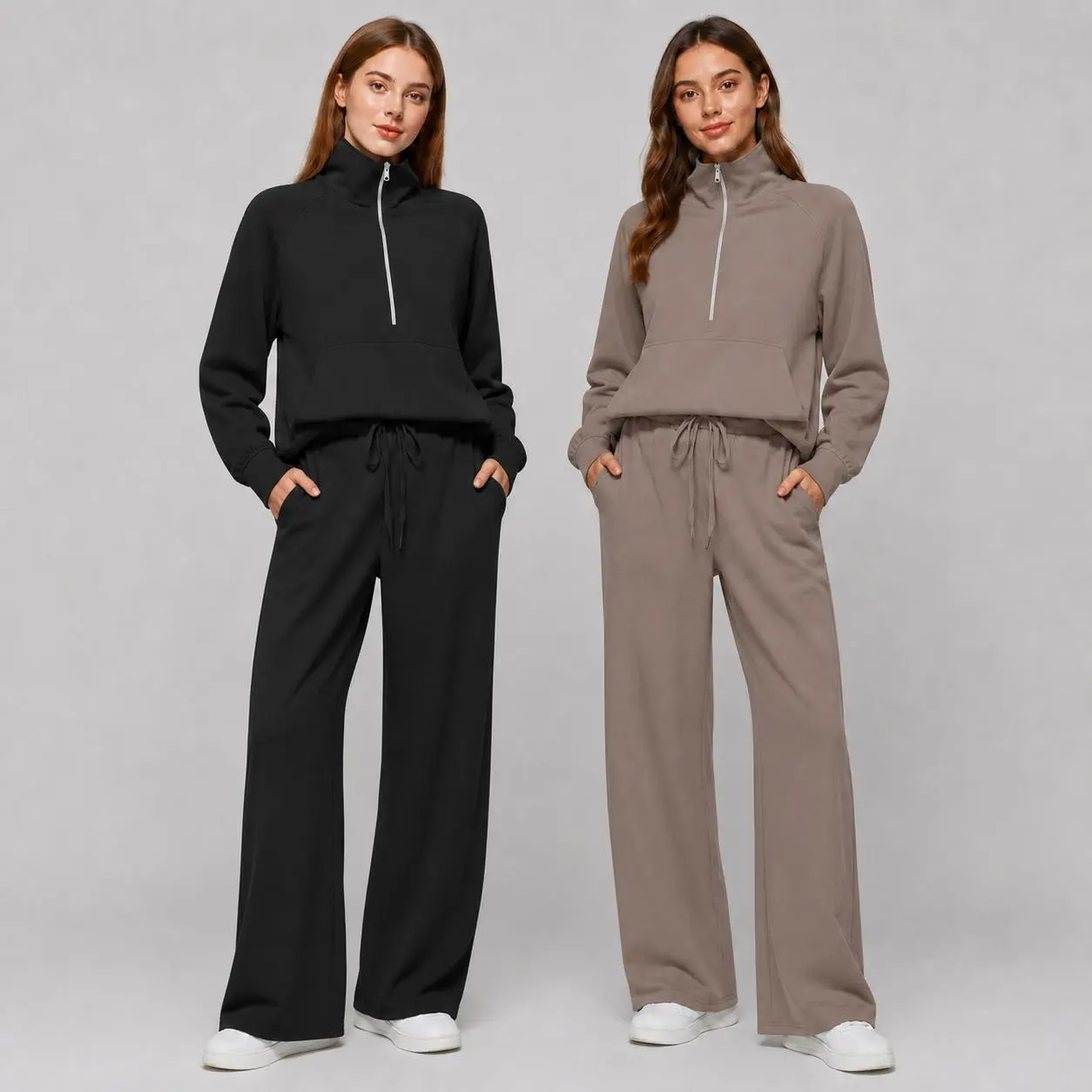 Womens Plus Size Lightweight Tracksuit Two Piece Half Zip Sweatshirt and Wide Leg Drawstring Sweatpants Casual Matching Set Lounge Wear for Travel and Everyday