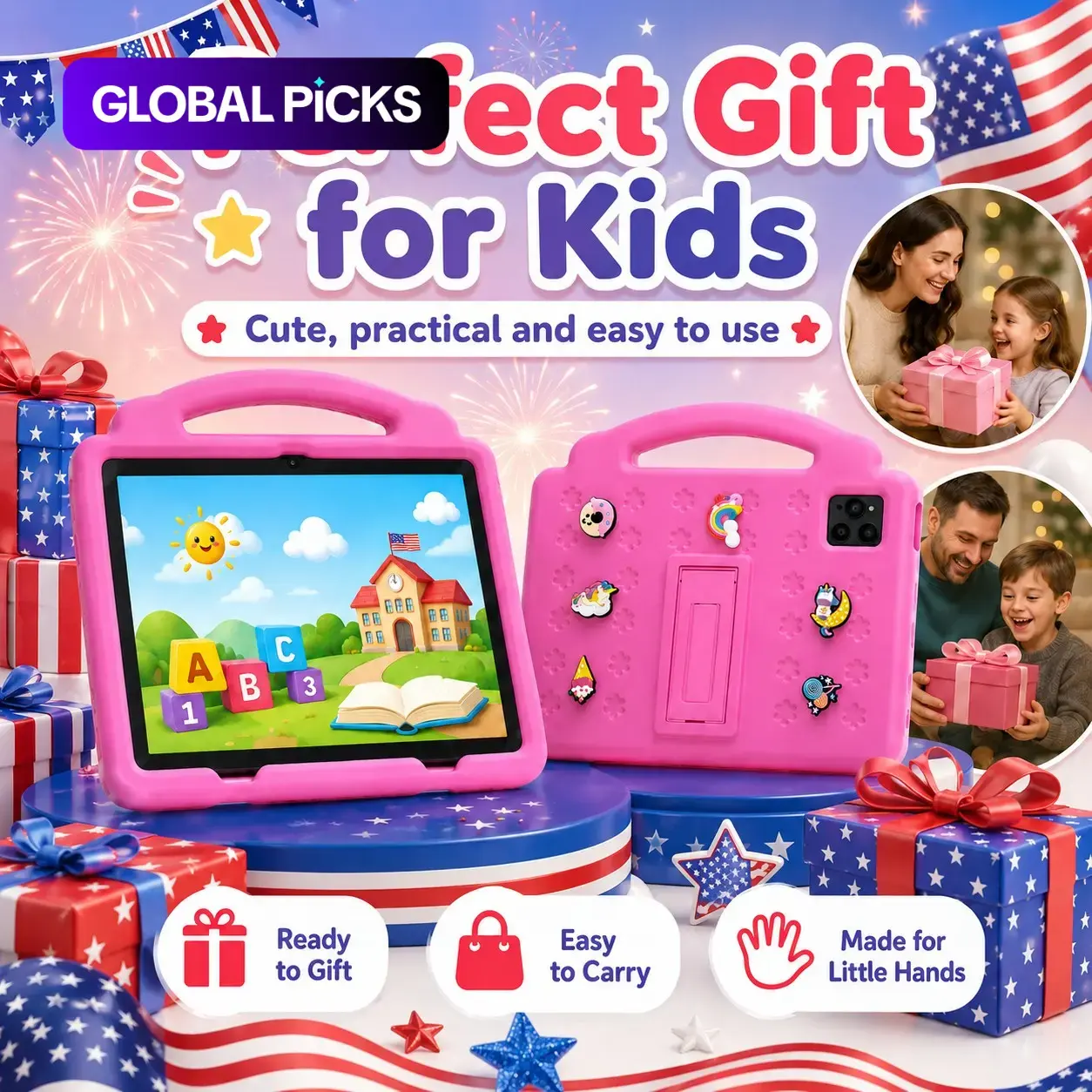 10.1-Inch Kids Touch Screen Tablet, 4GB RAM 64GB ROM, Android 12, Dual Camera, Kid-Proof Case with Handle, Durable WiFi Learning Tablet for Toddlers, Touchscreen Android Tablet, Android Electronic Tablet