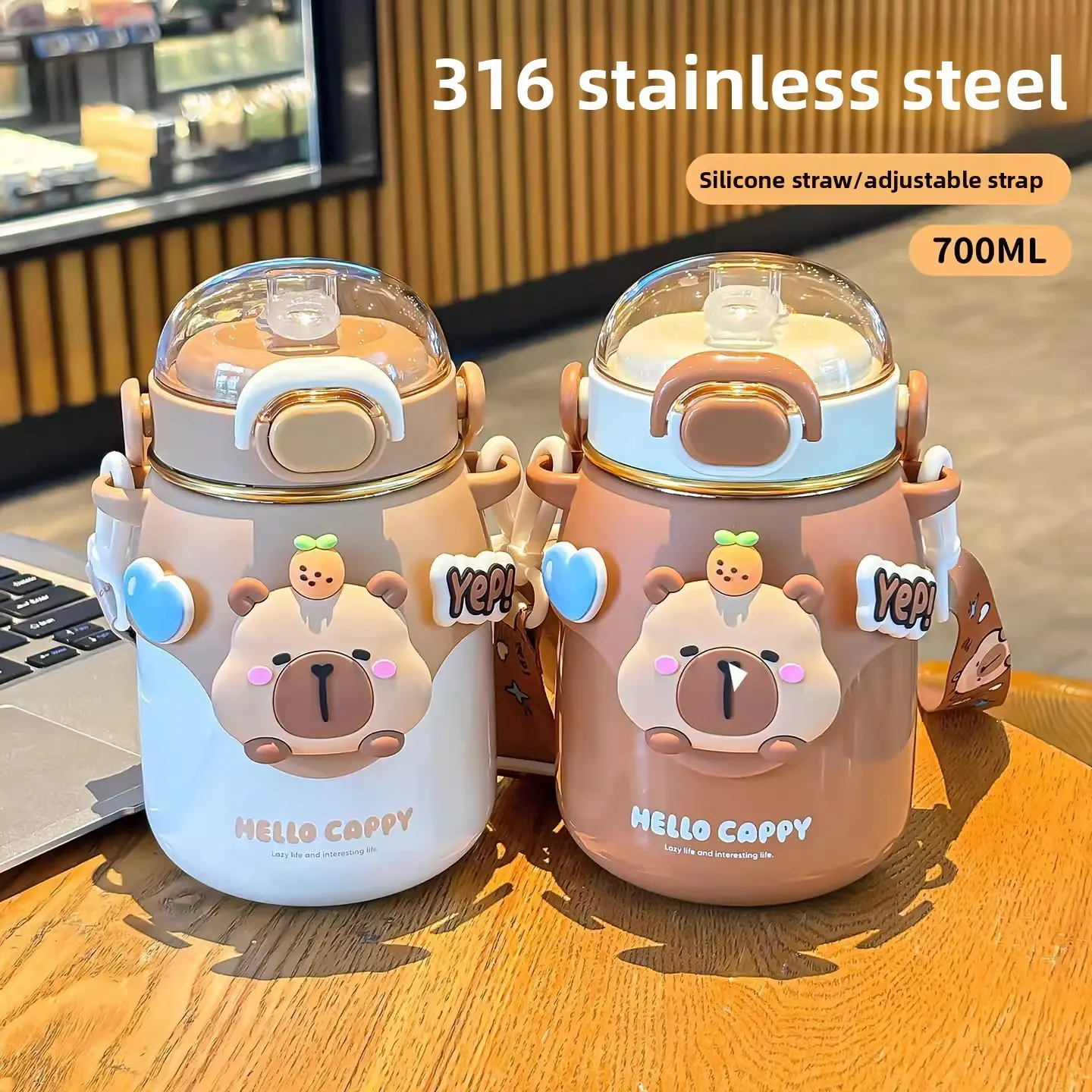 Hello Cappy Cute Animal Insulated Tumbler, Leakproof Pop Up Lid, Stainless Steel Water Cup, Kawaii Capybara Thermos, Large Capacity Gift