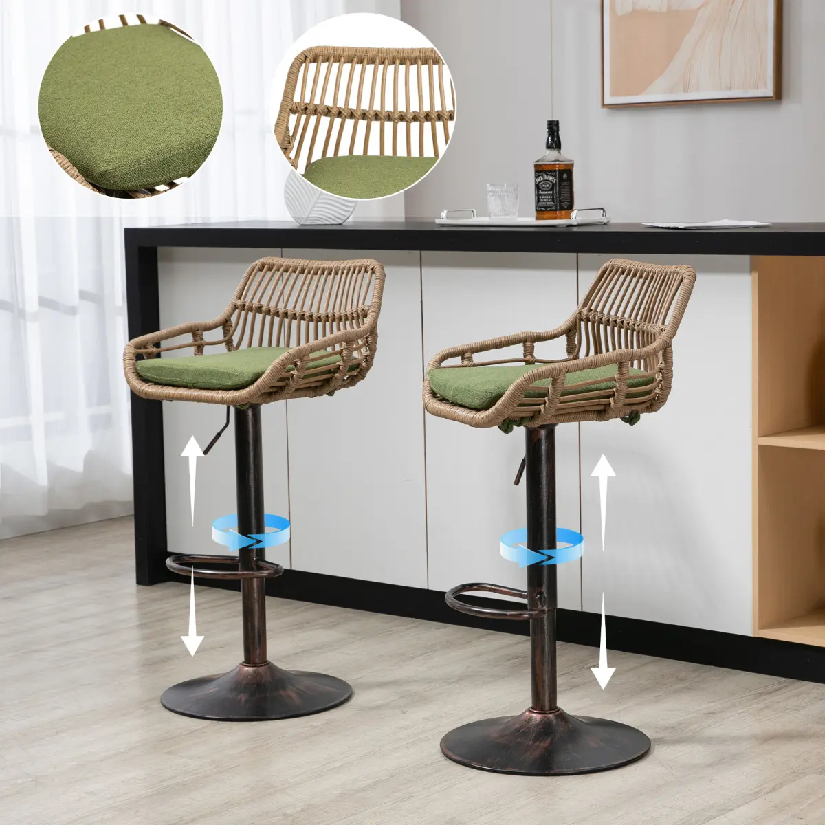 Set of 2 Modern Swivel Counter Stools - Adjustable Counter Height Swivel Chairs with Footrest for Kitchen, Dining Room (Green), Swivel Chair