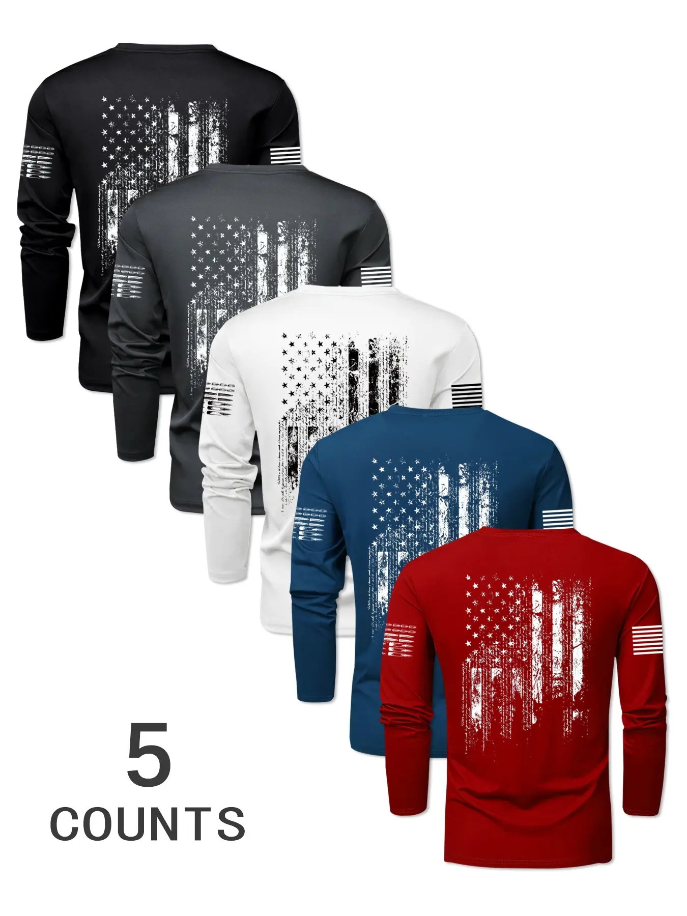 Men's 5-Piece Flag Print Long Sleeve T-Shirt Set, Casual Fitted Breathable Fabric, Ideal for Spring & Fall Outdoor Sports, Athletic Sports Clothing, Athletic Shirts, Breathable Gym Shirts, Casual Athletic Apparel, Fitted Gym Wear