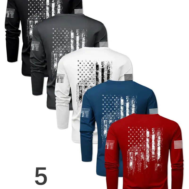 Men's 5-Piece Flag Print Long Sleeve T-Shirt Set, Casual Fitted Breathable Fabric, Ideal for Spring & Fall Outdoor Sports, Athletic Sports Clothing, Athletic Shirts, Breathable Gym Shirts, Casual Athletic Apparel, Fitted Gym Wear