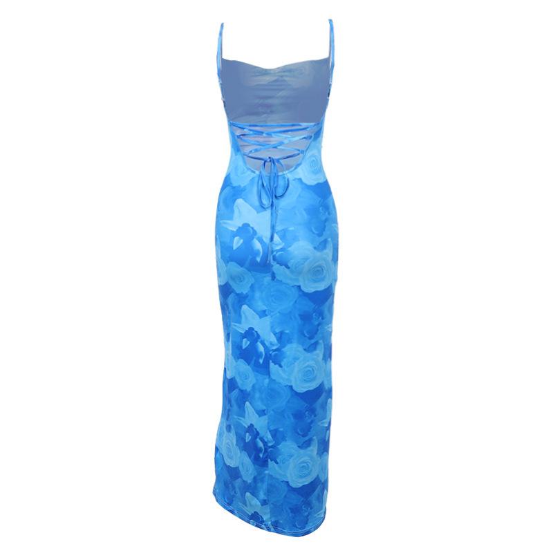 Rose Print Ruched Lace Up BacklessCami Dresses for Women, ElegantSleeveless Bodycon Capri Sun DressLong Dress for Summer, BirthdayDresses 2024, Fashion Women'sDress for Beach Holiday, Capri SunDress Valentine's Day, gift Casual Womenswear Blue Floral