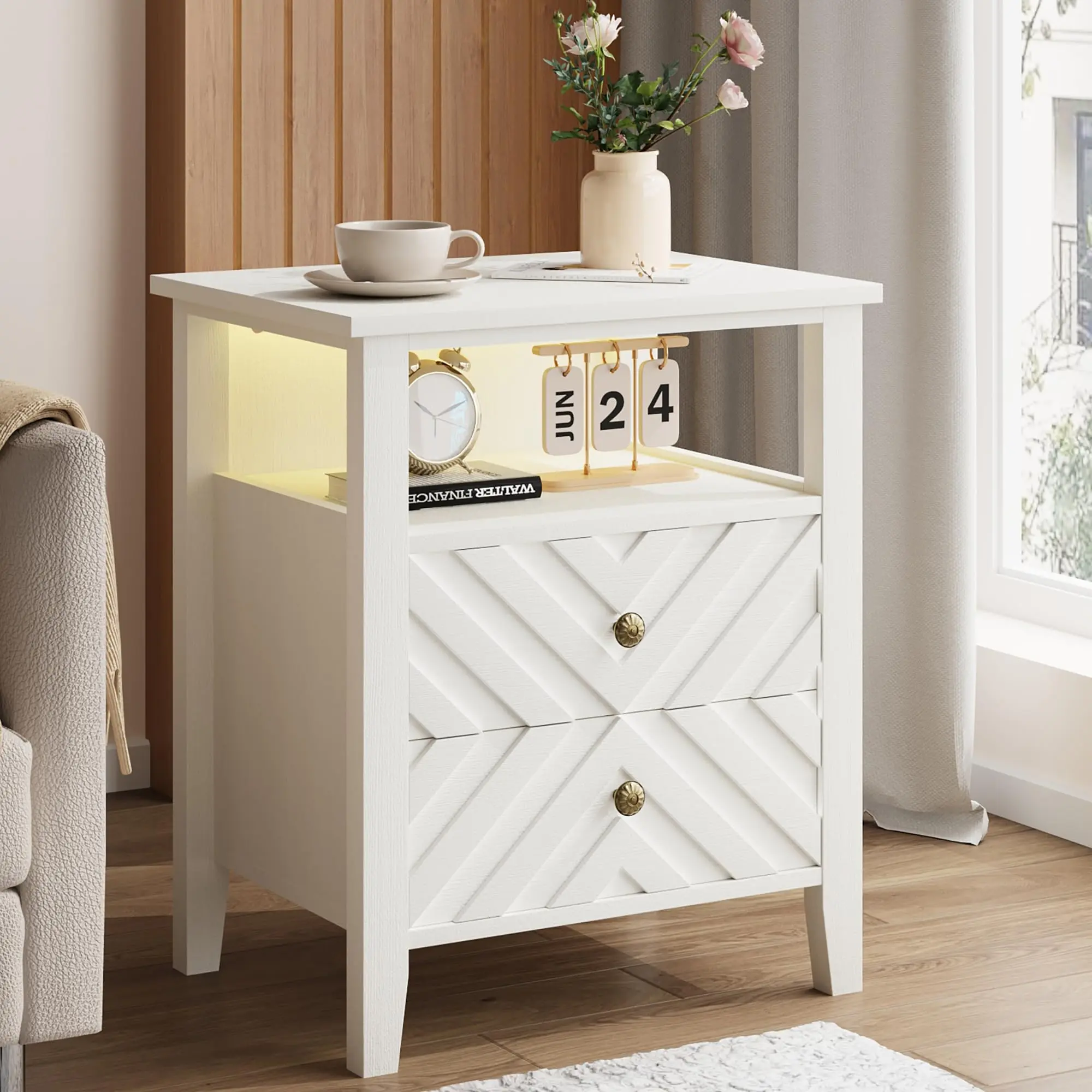 LED Night Stand with 2 Storage Drawers and Stable Wooden Legs, Farmhouse Nightstand w/V-Shaped Design & Open Storage Shelf, Wooden Rustic End Table for Bedroom Living Room