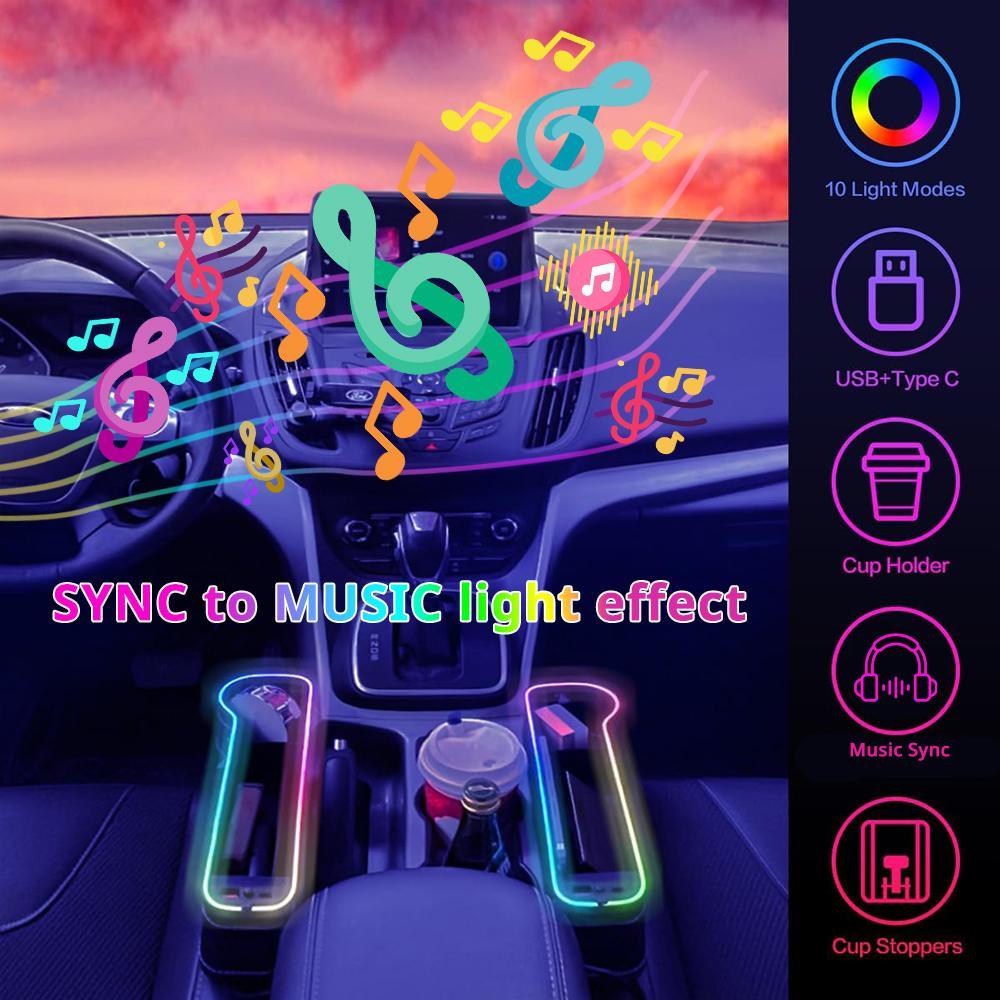 Car Seat-Gap Filler Organizer with 2 USB Fast Charger, Car Console Side Organizer with Colorful RGB Ambient Lamp, Car Interior Accessories, Car Organization Supplies