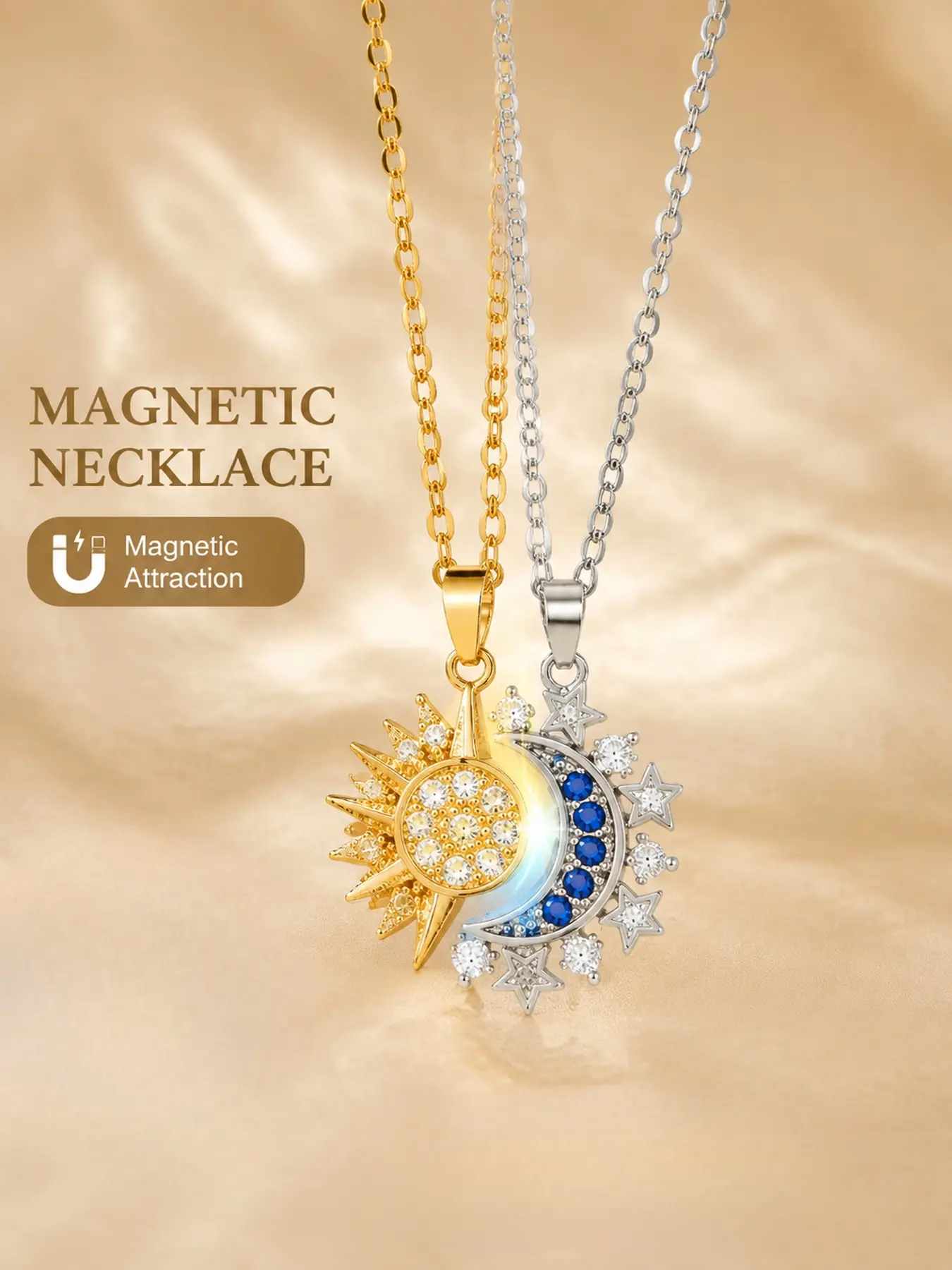 Magnetic Sun Moon Necklace for Couples, Matching His and Hers Necklace, Stainless Steel Jewelry Gift for Boyfriend Girlfriend, Best Friend Friendship Gift
