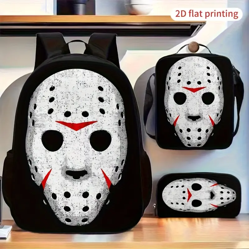 Waterproof 3-Piece Oxford Bag Set, Distressed Jason Voorhees Hockey Mask Horror Movie Print, Suitable for Daily School Commutes, Slasher Film Fan Gatherings And Halloween Themed Casual Outdoor Trips