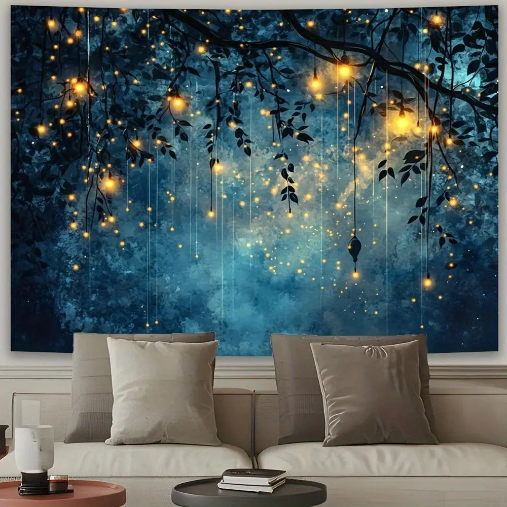 1pc Enchanting Firefly Forest Wall Tapestry - Lightweight Polyester Decor Backdrop with Glowing Lanterns, Lush Greenery, Perfect for Living Room Hanging, Photo Shoot Use, Room Decor