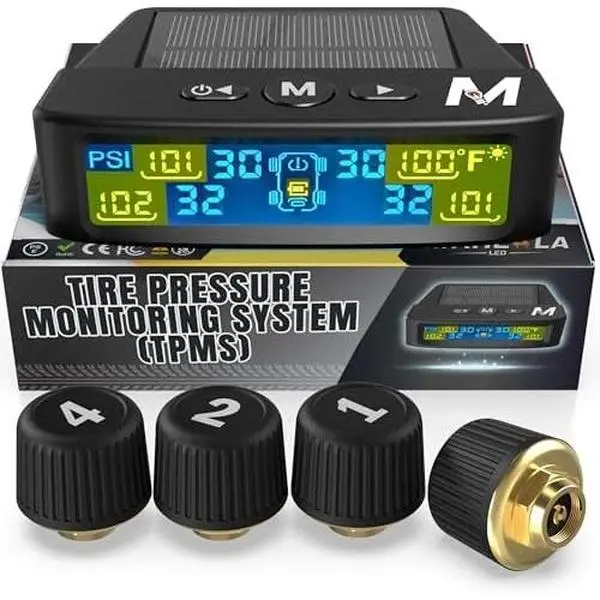 Tire   System - Set of 4 TPMS Sensors for , RV, Camper,  (0-98PSI) | 32ft Extended Range Air  Kit | Solar Charge & 6  Modes | Be Safe &  Flats
