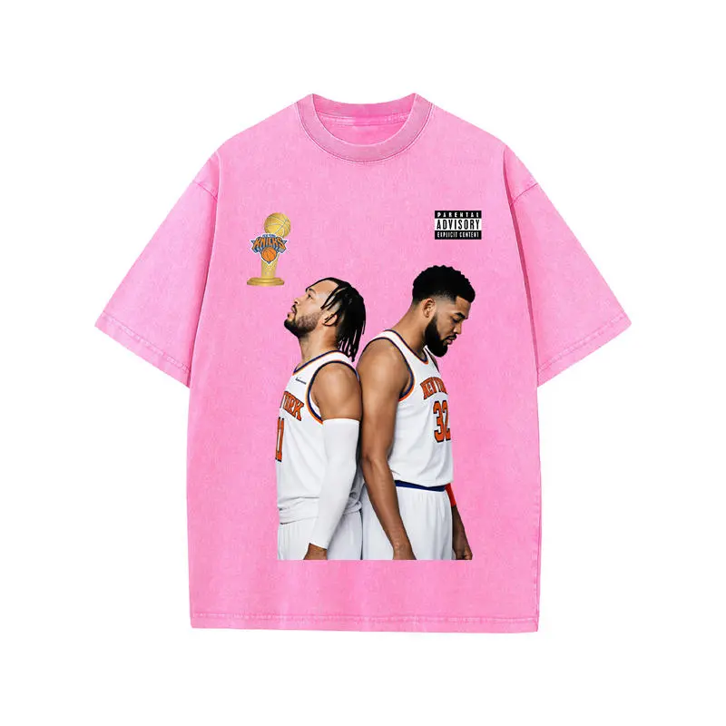 Retro Jalen Brunson & Karl-Anthony Towns Knicks Back-to-Back Album Cover Trophy Edition Vintage Washed Black T-Shirt, Unisex Oversized Heavyweight Cotton Streetwear Top, Ideal Gift for Knicks & Basketball Fans