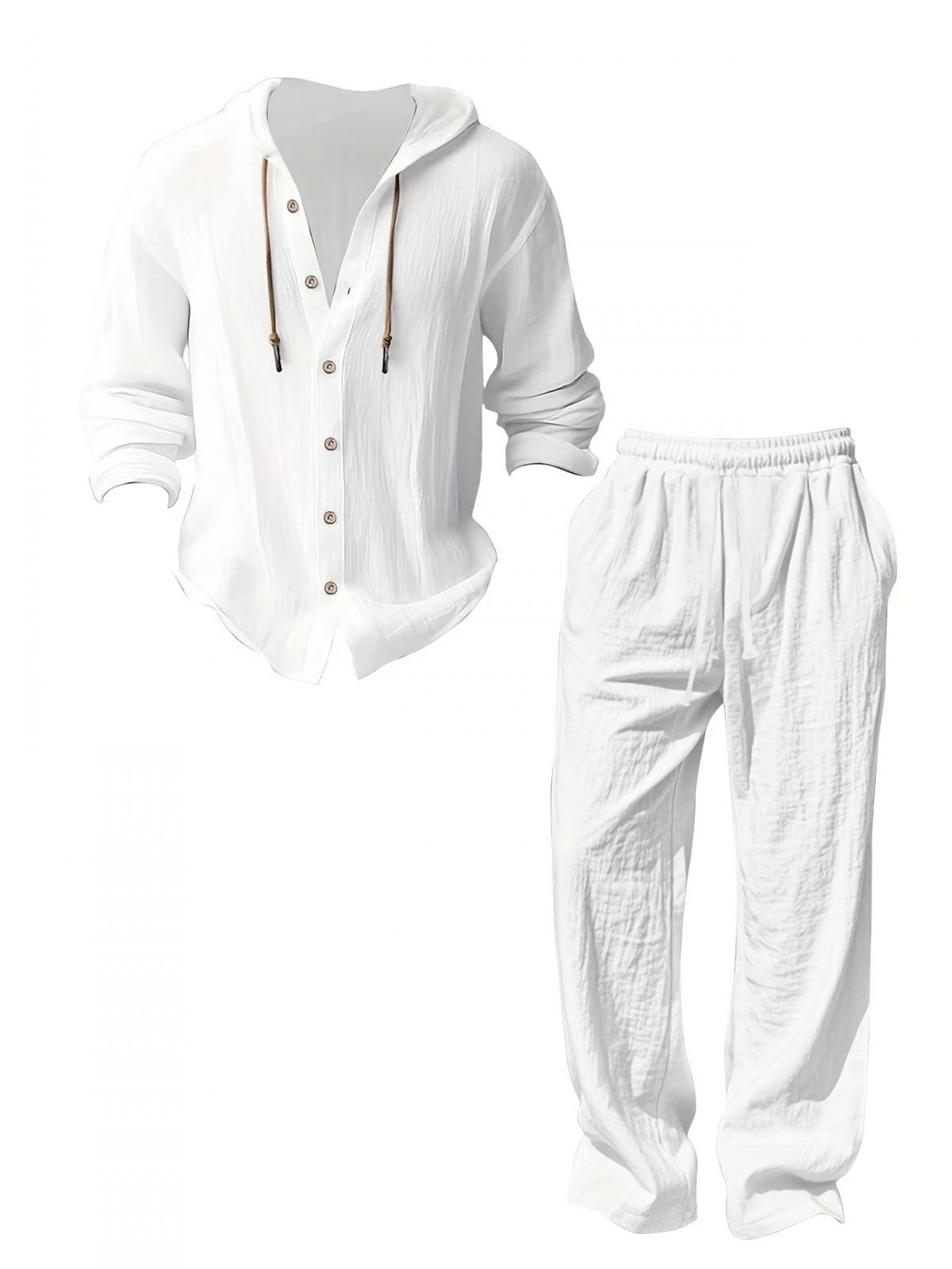 2-Piece Set Men's lightweight  Trendy Hooded，Made From Soft Linen，Casual Vacation Style, Loose Fit Breathable Fabric,Long Hoodie & Wide-Leg Pants, Summer Wear outdoorfun Sweatshirt Clothes Fashion Trouser