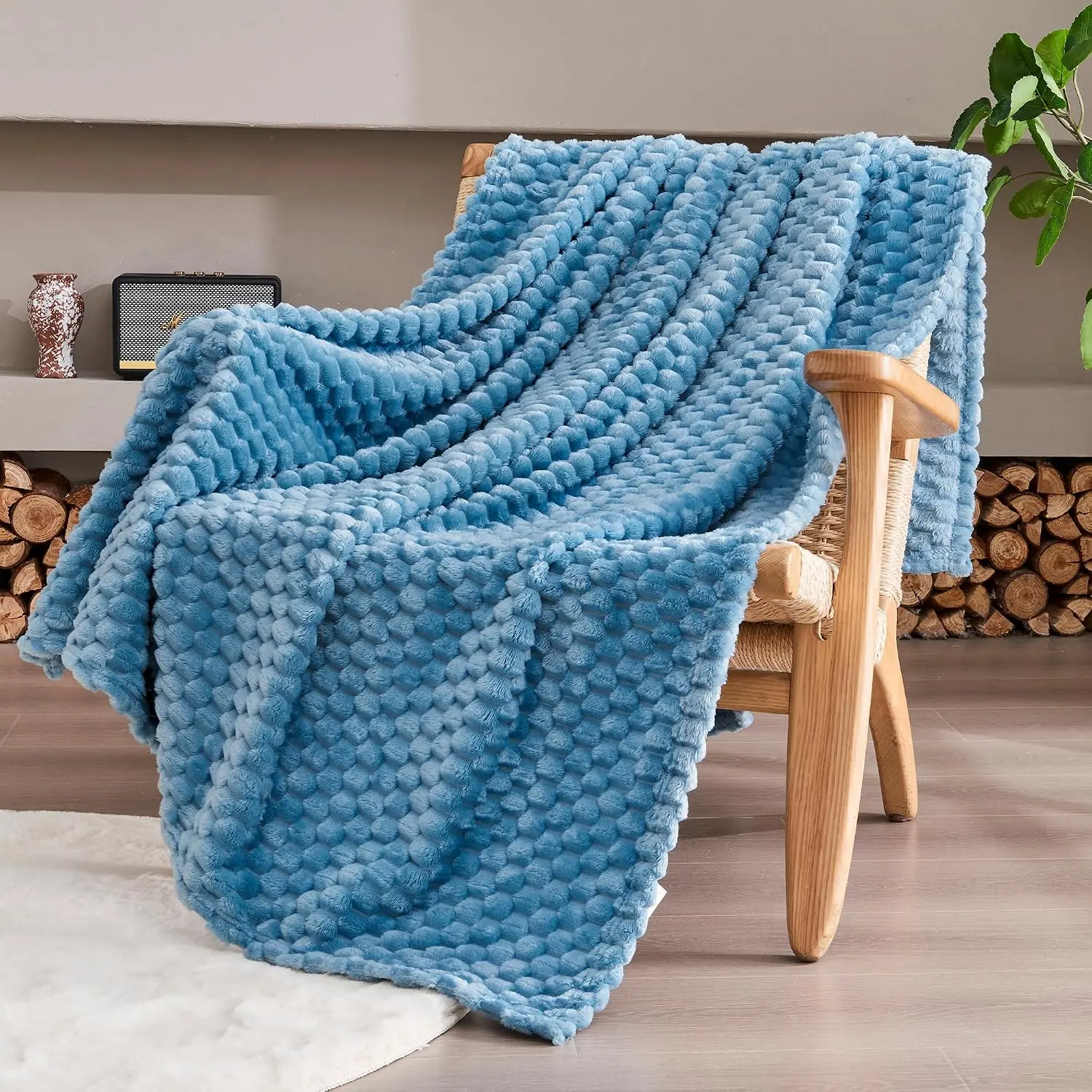 330GSM  Jacquard Throw Blanket for Couch, Sky Blue, 50"x60"