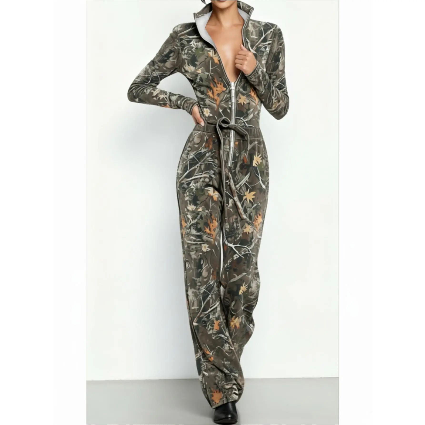 Women'S All-Season Stand Collar Zipper Long Sleeve Jumpsuit, Woodland Camo All-Over Print with Waist Drawstring Design, Loose Wide-Leg Trousers And Neat Tailoring, Suitable for Multiple Scenes to Create Casual Trendy Street Outfit Styling