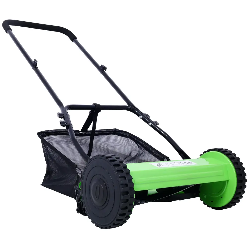 14 Inch 5-Blade Push Reel Lawn Mower with Grass Catcher, Manual Walk Behind Lawn Mower, Eco Friendly Non Electric Yard Mower, Adjustable Cutting Height Hand Push Lawn Mower for Garden, Backyard, Outdoor Grass Care, Green