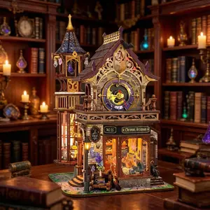 DIY Book Nook Kit,3D Wood Puzzle Time Magic Club, Dynamic Mechanical Model with Music and Lights, DIY Miniature Building Kit, Home Décor Gift for Adults and Teens, DIY Wooden Puzzle