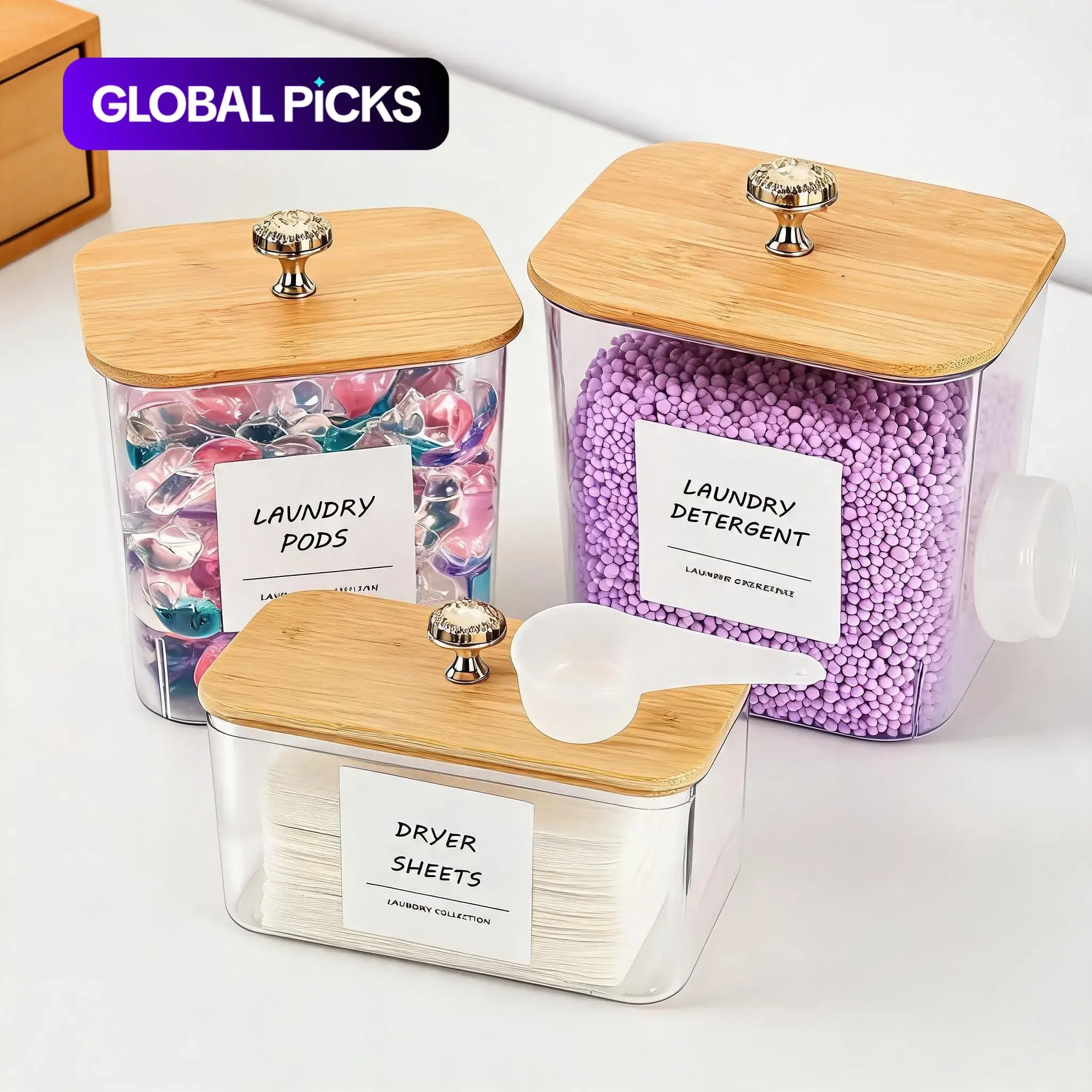 Laundry Room Storage Container Set, Including 3 Clear Laundry Pods Containers, 2 Spoons, Labels & Sheets, Home Organizer for Bathroom, Plastic Canister, Plastic Containers, Transparent Container #GLOBAL PICKS
