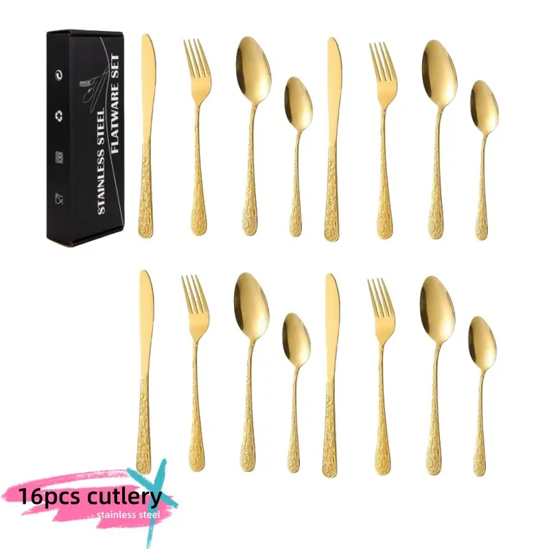 16 Piece Stainless Steel Cutlery Set, Forks Spoons And Knives Set, European Vintage Floral Design, Food Grade Thickened, Easy Clean, Ideal for Home & Gifts