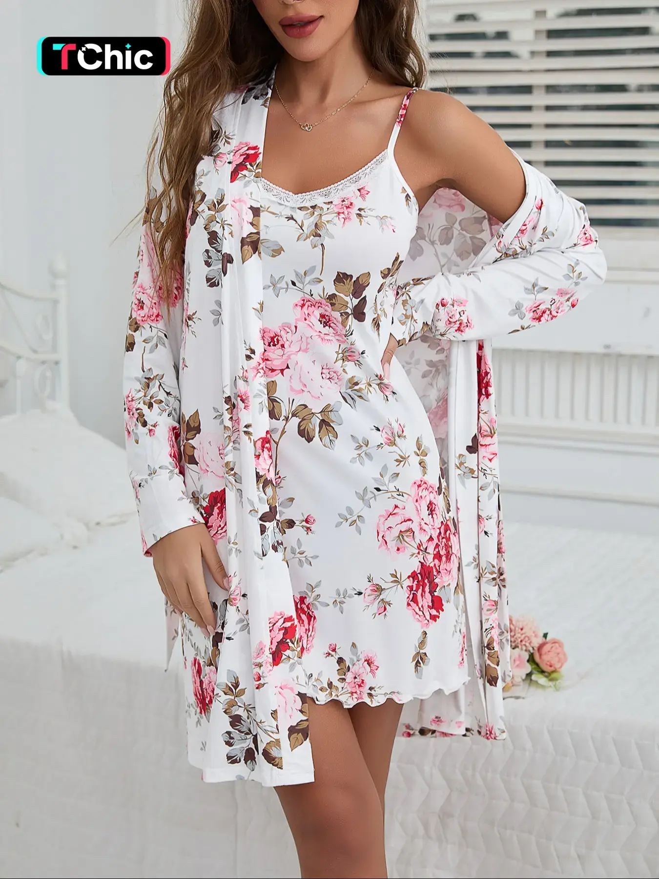 Women's Floral Print Belted Robe & Cami Spaghetti Strap Nightdress Two-Piece Set, Casual Comfy Loungewear, Sleepwear for All Seasons, Slip