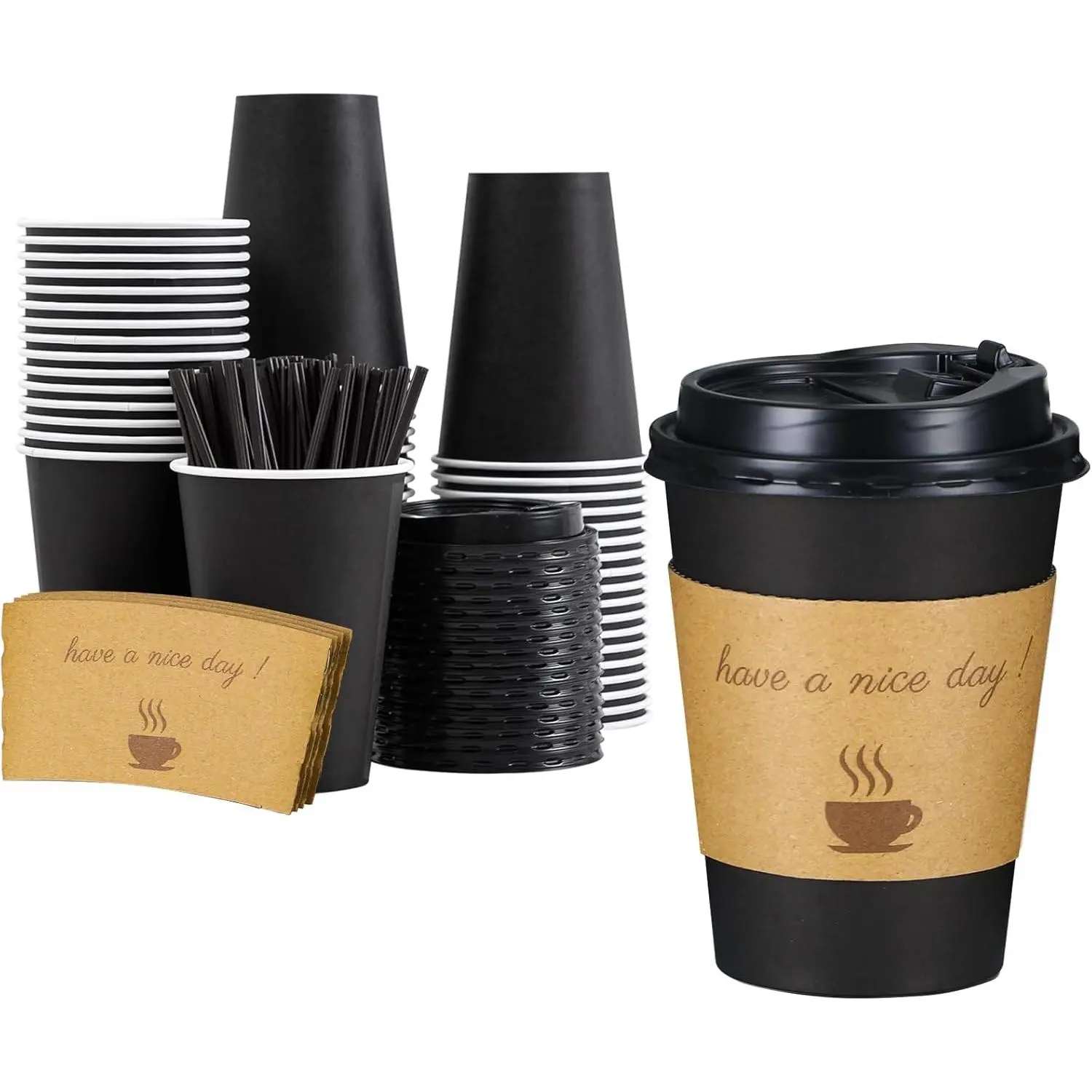 12 oz Coffee Cups 50 Pack, Disposable To Go Paper Cups with Lid | Hot Insulated Cups with , Stir Sticks and Sleeves for Cold Drinks,  and Latte, Cafe, Travel and  Use