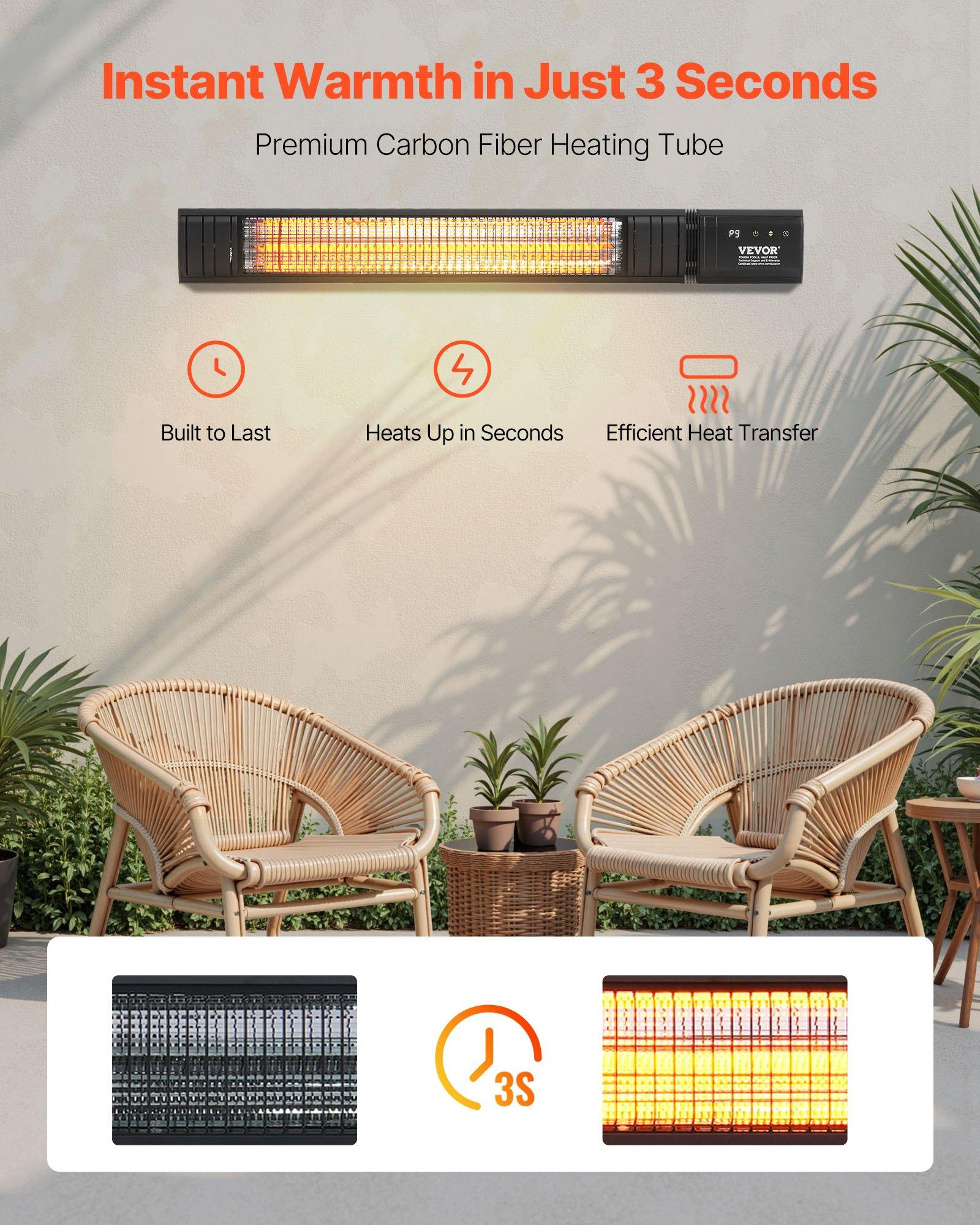 VEVOR Infrared Heater, 1500W Electric Space Infrared Carbon Heater with Remote Control & 9 Speeds & 24h Timer, for Porch,Patio,Dining Room,Studio,Backyard,Garage, Wall Mount Outdoor