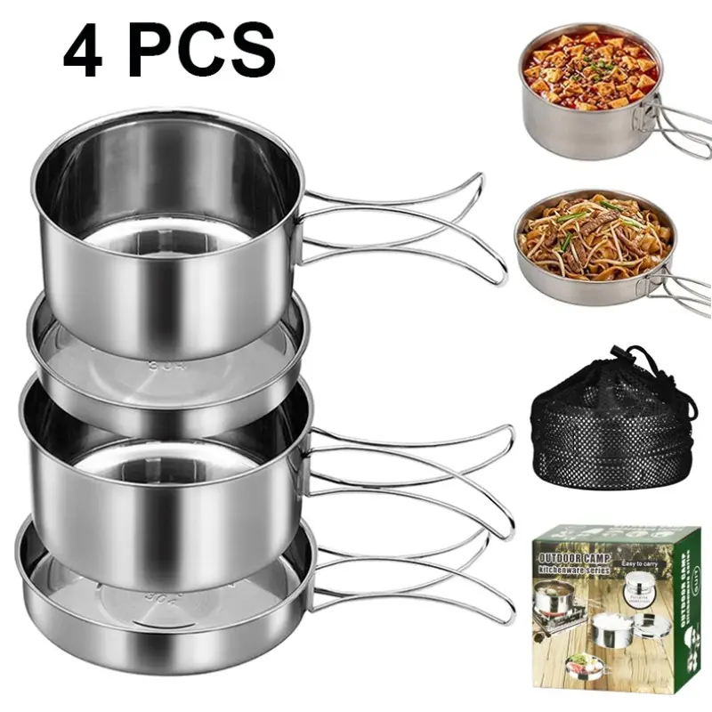 4PCS Stainless Steel Camping Cook Pot Set, Outdoor Cooking Supplies, Mini Camping Cooking Set, Portable Foldable Outdoor Cooking Pots and Bowls with Lids & Mesh Storage Bag, Compact & Lightweight for Backpacking, Camping