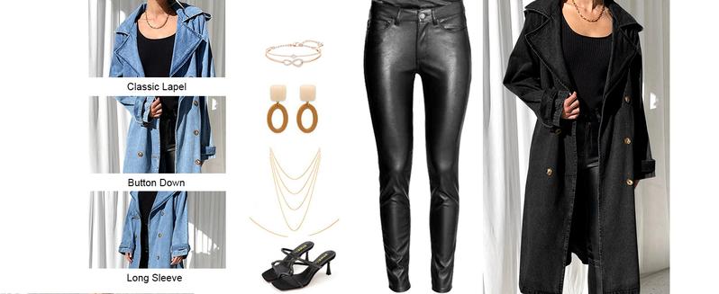 FMEYOA Women's Long Double Breasted Denim Jacket Oversized Button Down Maxi Jean Coat Classic Lapel Outercoat M8M483