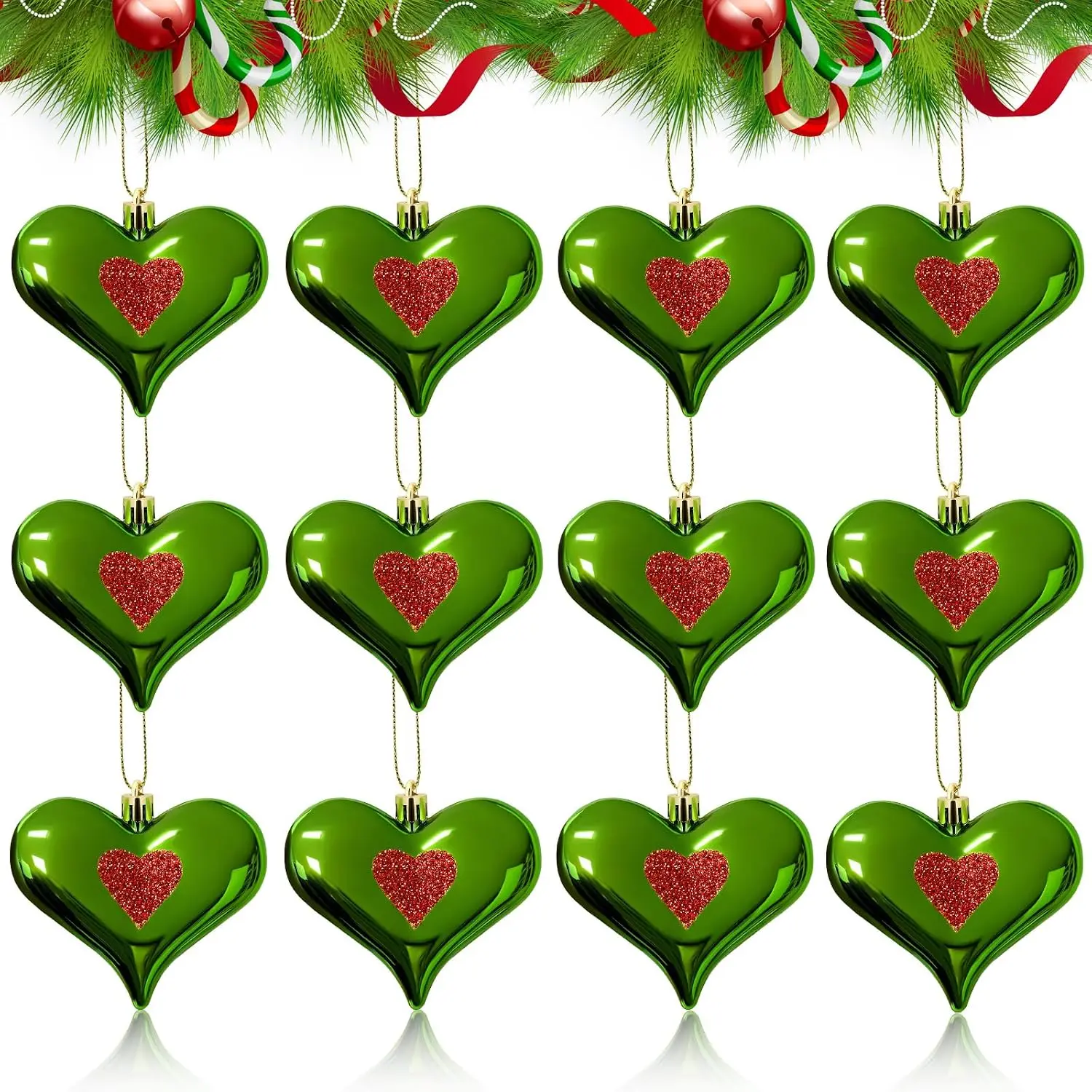 12 count Lime Green Christmas Heart Ornaments 3.5 Inch Heart Shaped  Ornaments Red and Green Glittering  Ornaments for Xmas Tree Wreath Holiday Party Decoration