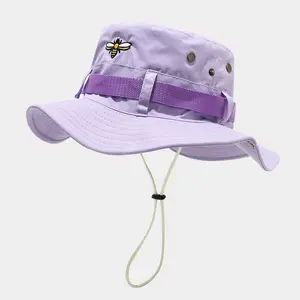 Cute Bee Embroidered Wide Brim Bucket Hat, Gorpcore Cottagecore Sun Hat with Chin Strap for Men & Women