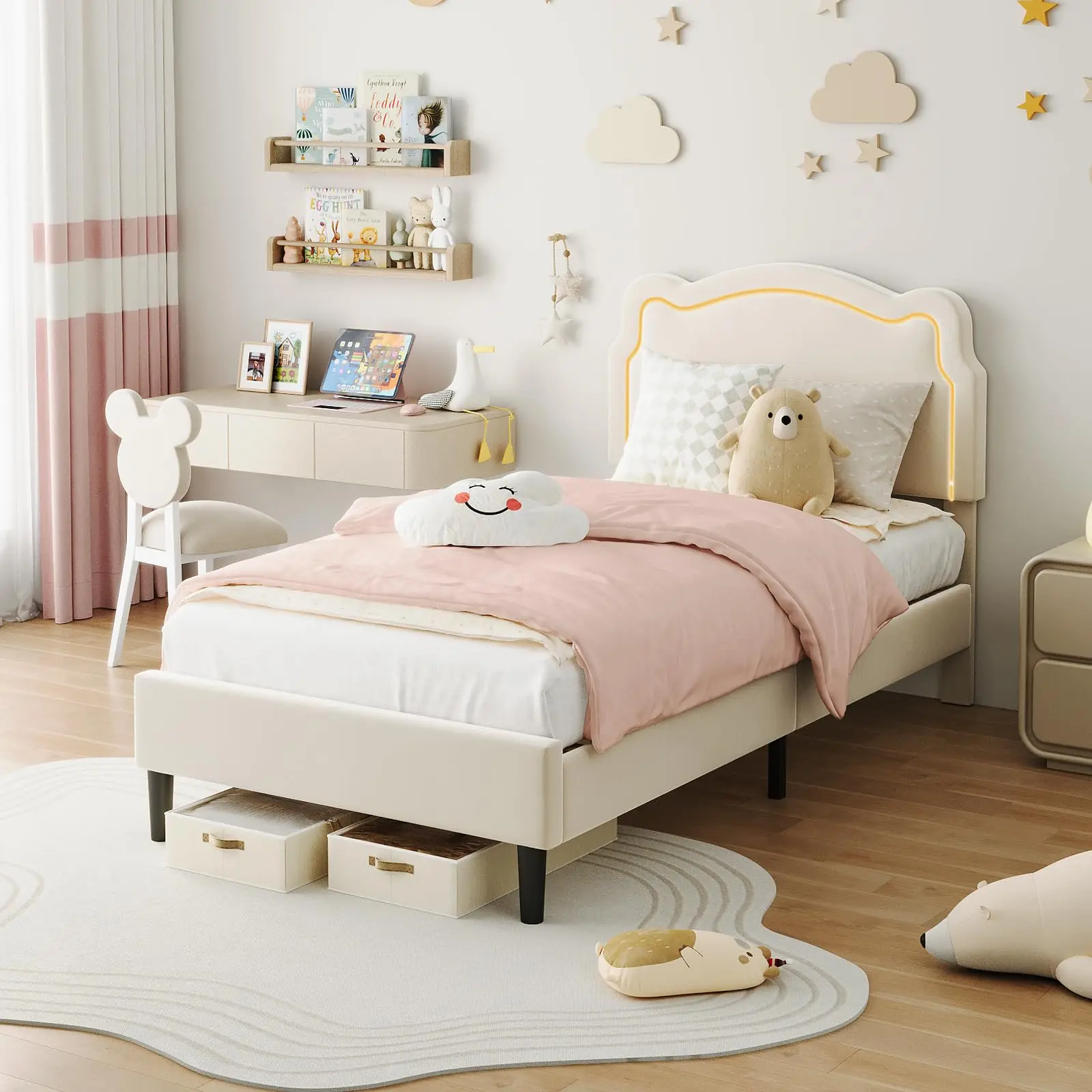 Stable Single Twin LED Bed Frame with Suede Upholstered Storage Headboard, Platform Bedstead with Underbed Rolling Drawers, Nursery-Friendly Bear-Shaped Design for Kids, No Box Spring Needed, Sturdy Steel-Wood Support, Noise-Free