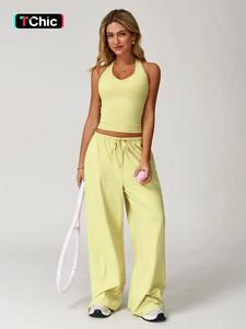 women's solid halter neck top & wide leg pants sports set, casual sleeveless top & pants for daily outdoor wear, ladies sportswear for tennis running, workout clothes, modern sportswear, yoga tracksuit set