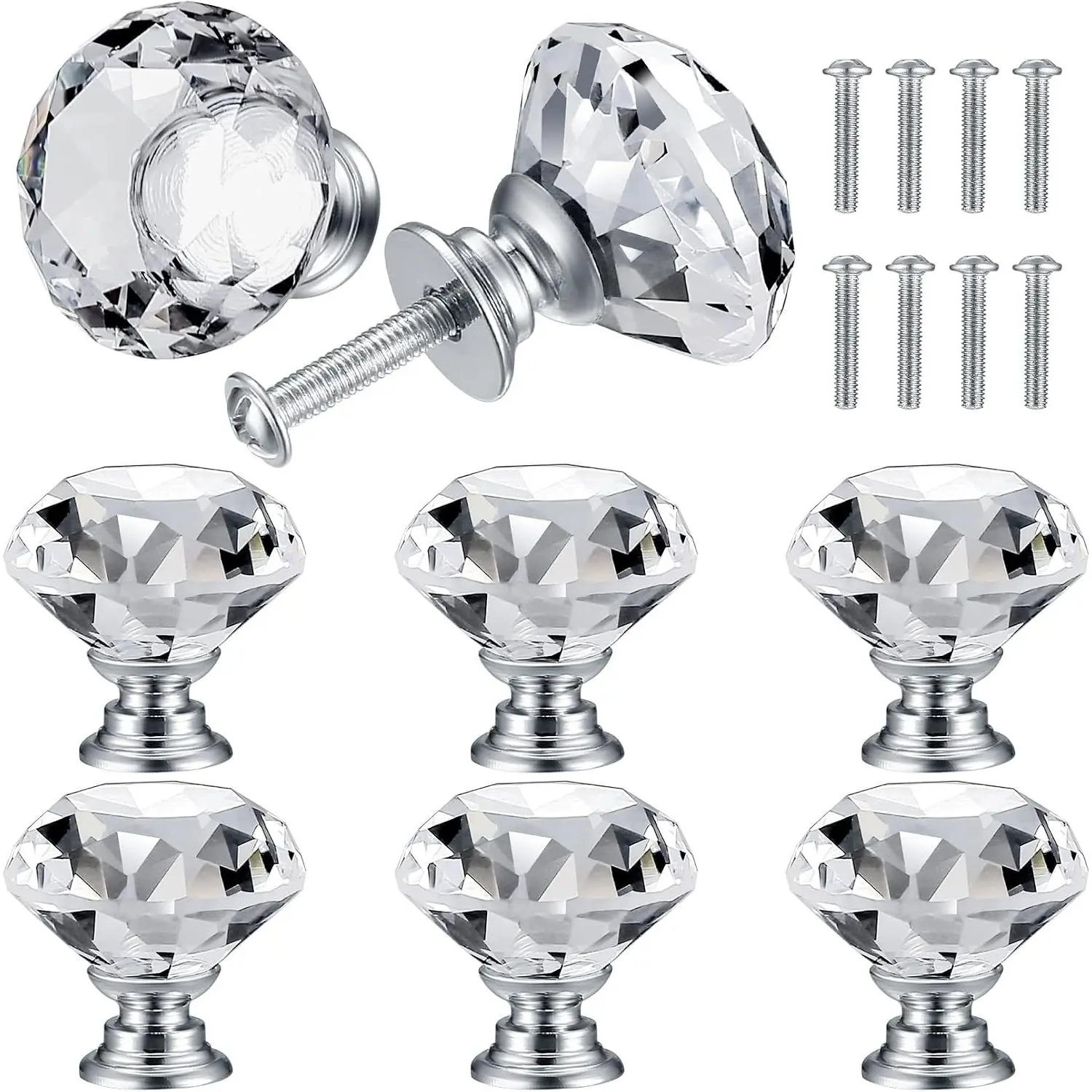 8 Pack 30mm Decorative Diamond Crystal Glass Cabinet Knobs Pulls Handles for Dresser Drawers Cupboard Wardrobe Furniture Kitchen Bathroom Bedroom, SilverGift