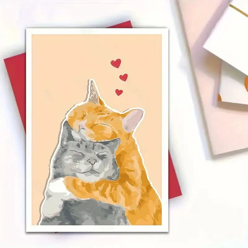 1pc Cute Cat Love Card, Watercolor Hugging Cat Greeting Card, Romantic Holiday Card for Valentine's Day Christmas Birthday Anniversary, Sweet Gift for Lover Partner Friends Family Cat Lovers, Blank Inside with Red Envelope