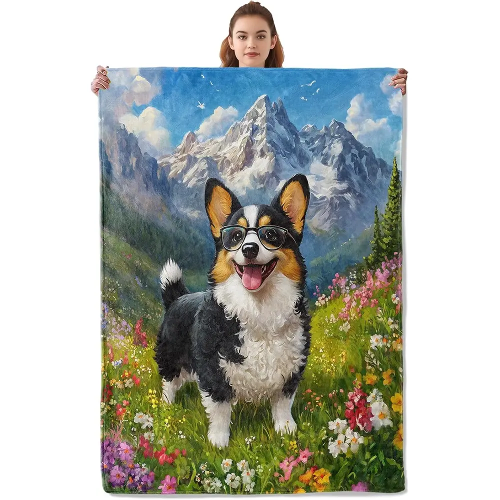 Cute Corgi Animal Accent Blanket - Soft Flannel Plush Breathable Dog Bedspread with Corgi Print, Lightweight Warm Throw for Adults, Home Use Multi-Size Machine Washable Cozy Bedding Gift
