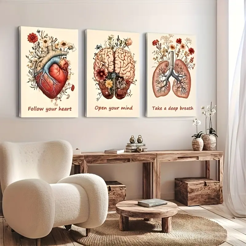 2D Flat, 2D Flat, 2D/FLA 3pcs Inspirational Anatomy of Heart Brain Lungs Posters And Canvas Art, Suitable for Living Room, Library, Office, Cafe, Bar, Frame