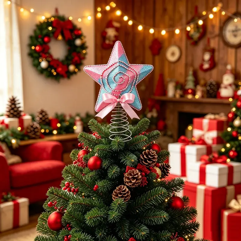 A macaron-themed lollipop star Christmas tree topper, featuring a dopamine sweetheart style, is exquisite, lightweight, and easy to store, suitable for home, hotels, shopping malls, stores, weddings, and various decorative occasions.