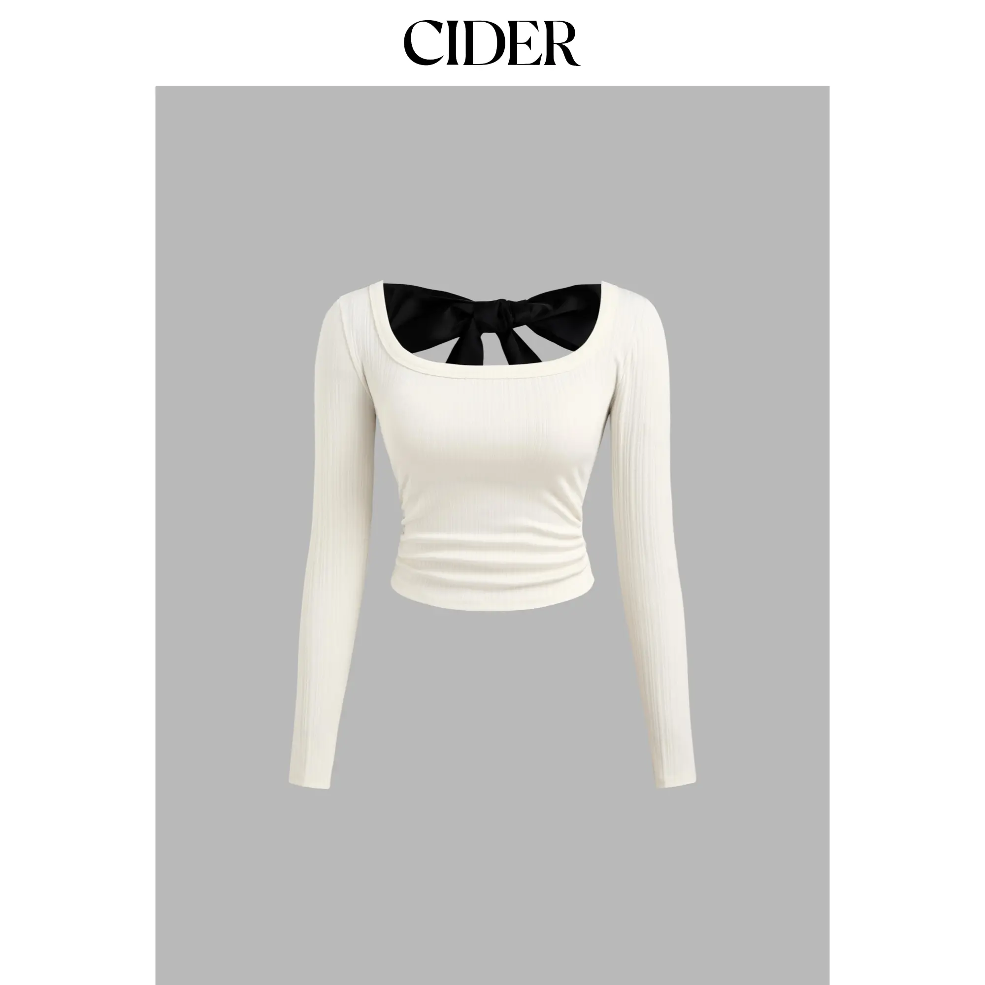 Cider [2 colors, size 2-26] Scoop Neckline Bowknot Ruched Crop Long Sleeve Top SummerFinds