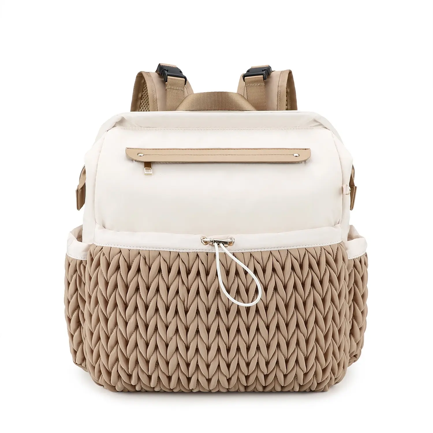 Fashionable Woven Mom Backpack, Waterproof Diaper Bag, Insulated Bottle Holder, Spacious Interior, Shoulder & Hand Carry, Essential for Outing