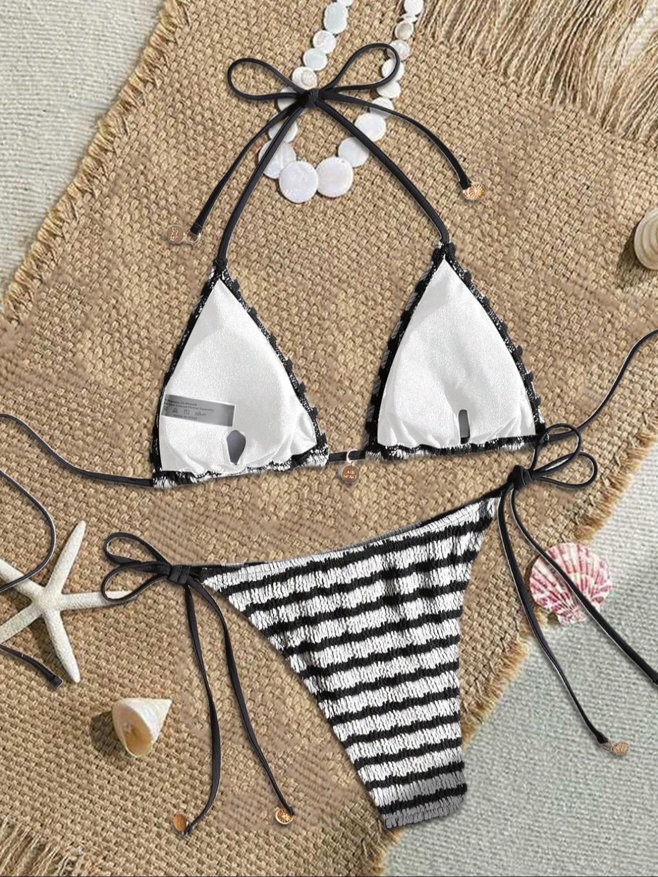 Two-Piece Set Women's Leopard Print Textured Bikinis Set, Casual Halter Triangle Bra & Tie Side Panty, Summer Beach Holiday Vacation Swimwear Set for Women, Halter Bikini Swimsuit, Swimsuit Style Bikini