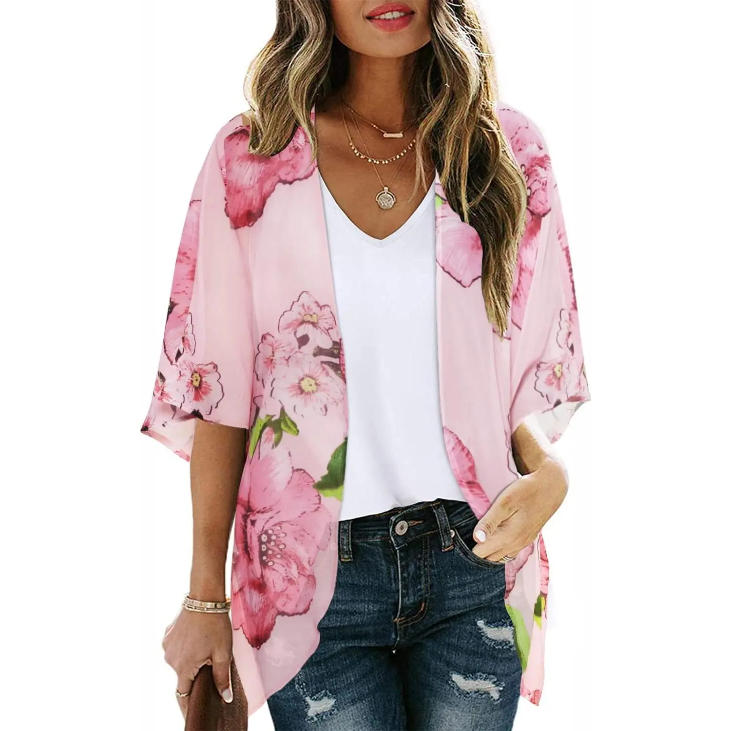 Women's Floral Print Puff Sleeve Kimono Cardigan Loose Cover Up Casual Blouse Tops 2026