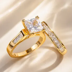 2-Piece Gold Tone Ring Set for Women, Princess Cut Square Stone Ring with Matching Band, Stackable Engagement Style Jewelry Gift
