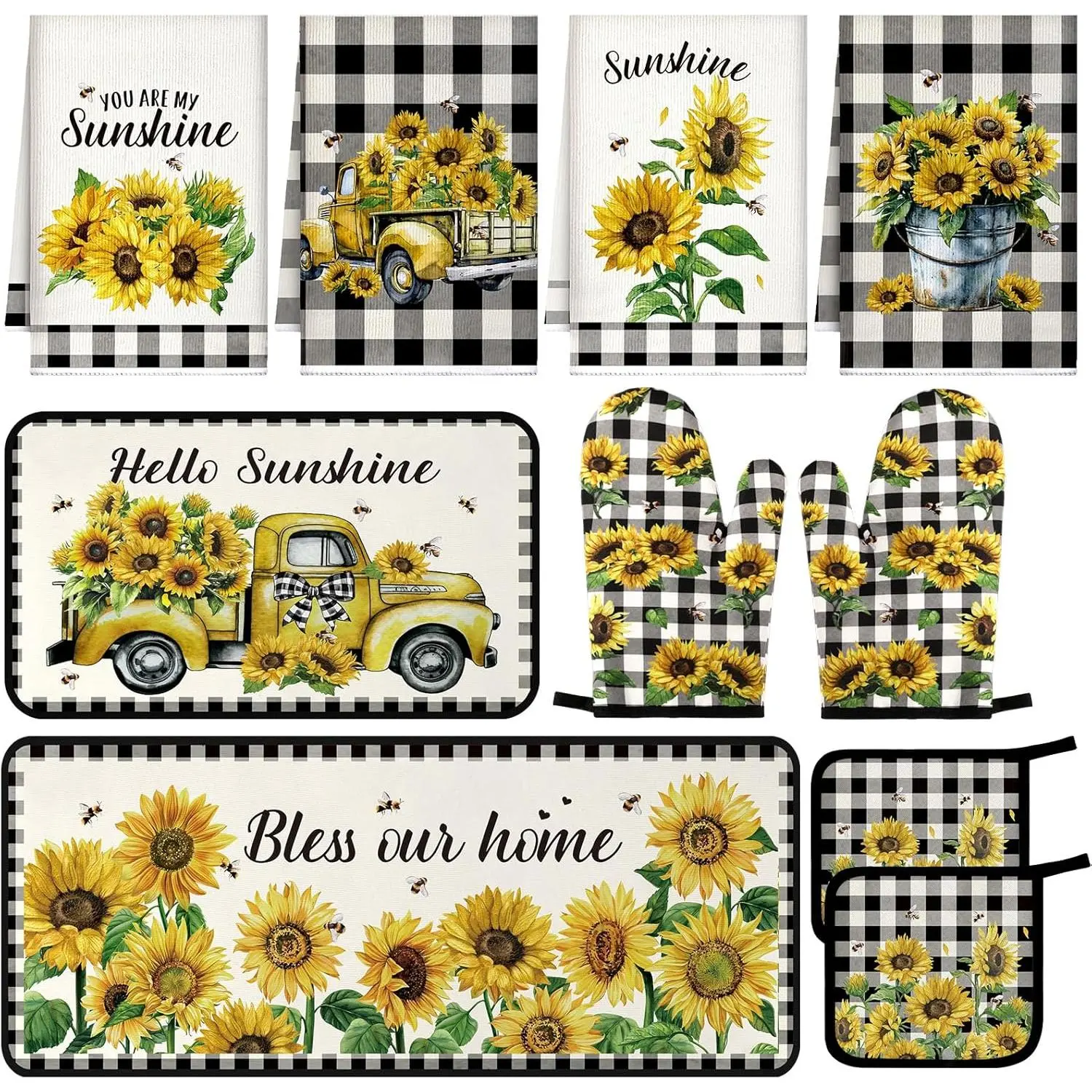 10 Pcs Sunflower Kitchen Decor Oven Mitts Pot Holders 2 Kitchen Rugs and 4 Towels for Cooking Baking Mom Gift Home Decor(Beige,Sunflower)