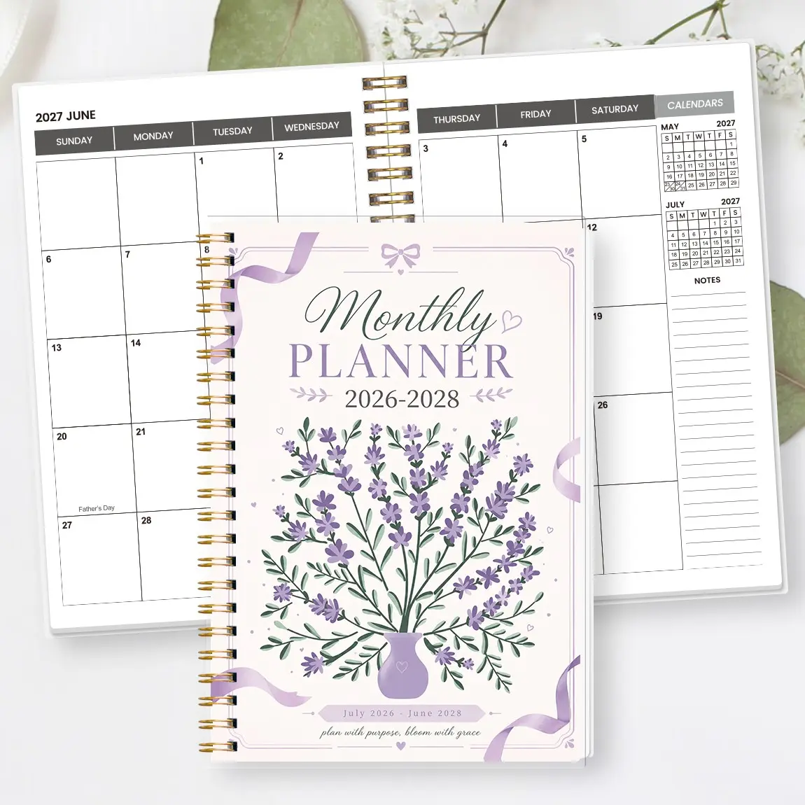 Monthly Planner 2026.7-2028.6, Lavender Bouquet Ribbon Cover, A5 20.7x14.5cm, Coil Binding, Office Learning Daily Planning