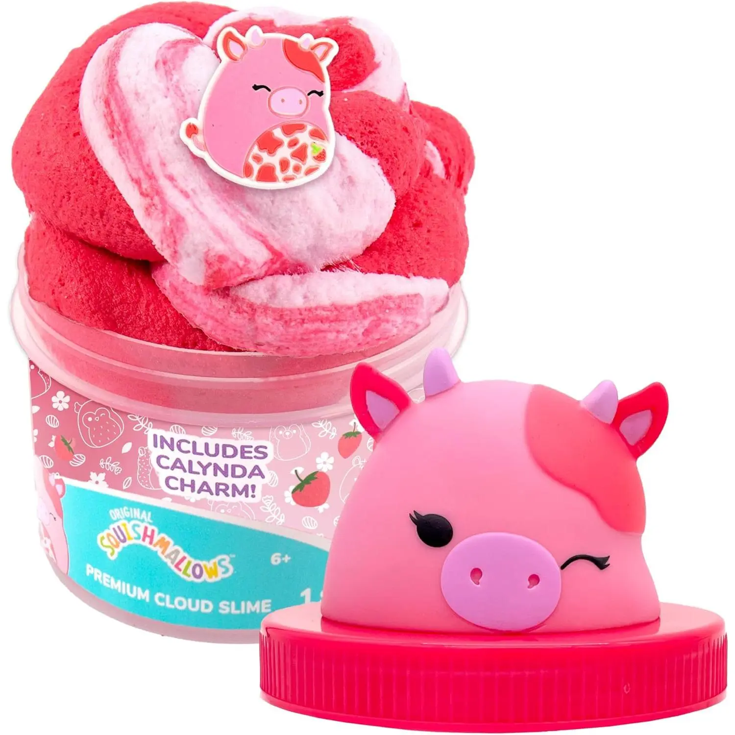 Original Squishmallows Calynda The Cow Premium Cloud Slime, Strawberry Scent, 8 oz.Jar Storage Container with Figurine Topper, Rubber Charm, Goodie Bags Stuffers, Kids Party Favors, Sensory Toys