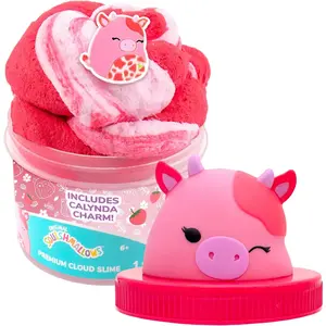 Original Squishmallows Calynda The Cow Premium Cloud Slime, Strawberry Scent, 8 oz. Jar Storage Container with Figurine Topper, Rubber Charm, Goodie Bags Stuffers, Kids Party Favors, Sensory Toys